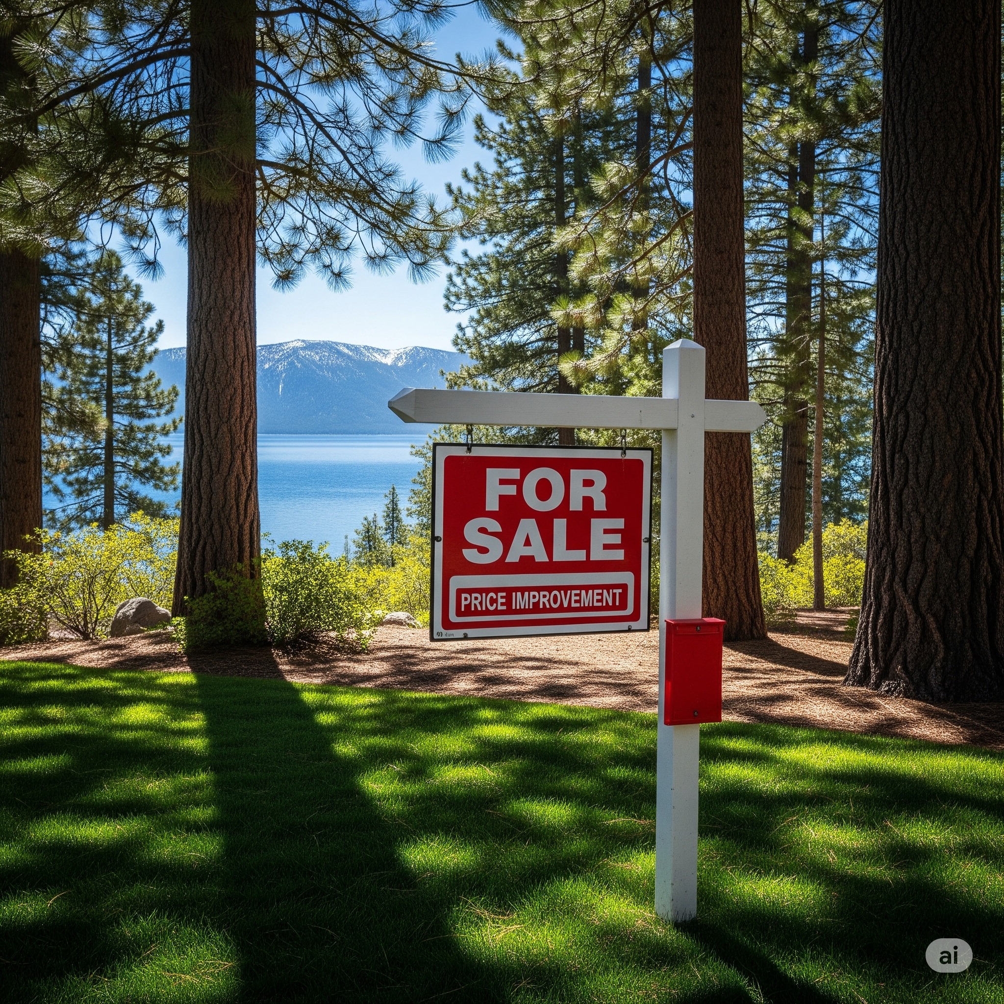 a "For Sale" real estate sign with a "Price Improvement" rider, set in the Lake Tahoe pines